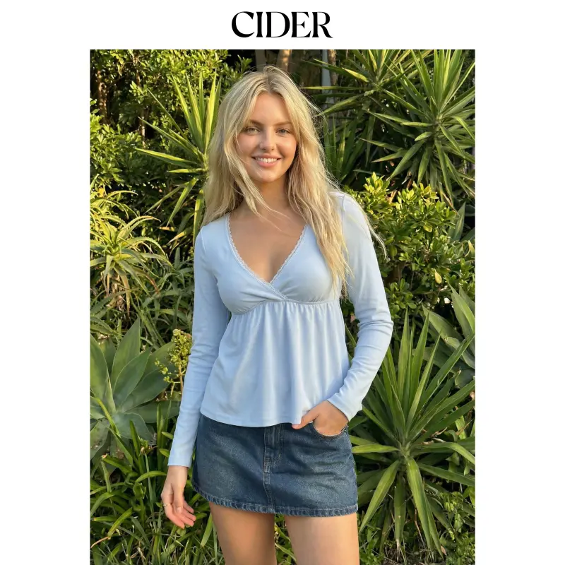 Cider Cotton-blend V-neck Babydoll Lace Trim Peplum Long Sleeve Top SohoChic