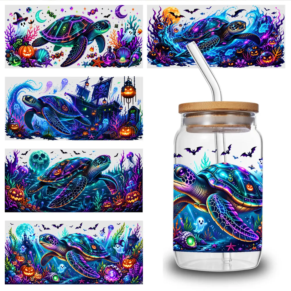 5 Sheets Halloween Turtle UV DTF Stickers UV DTF Cup Wraps Stickers - for 16 Ounce Libbey Cups - Animal 3d Crystal Label - Waterproof And Scratch Resistant Sticker - DIY Sticker for Glass Cups And Bottles