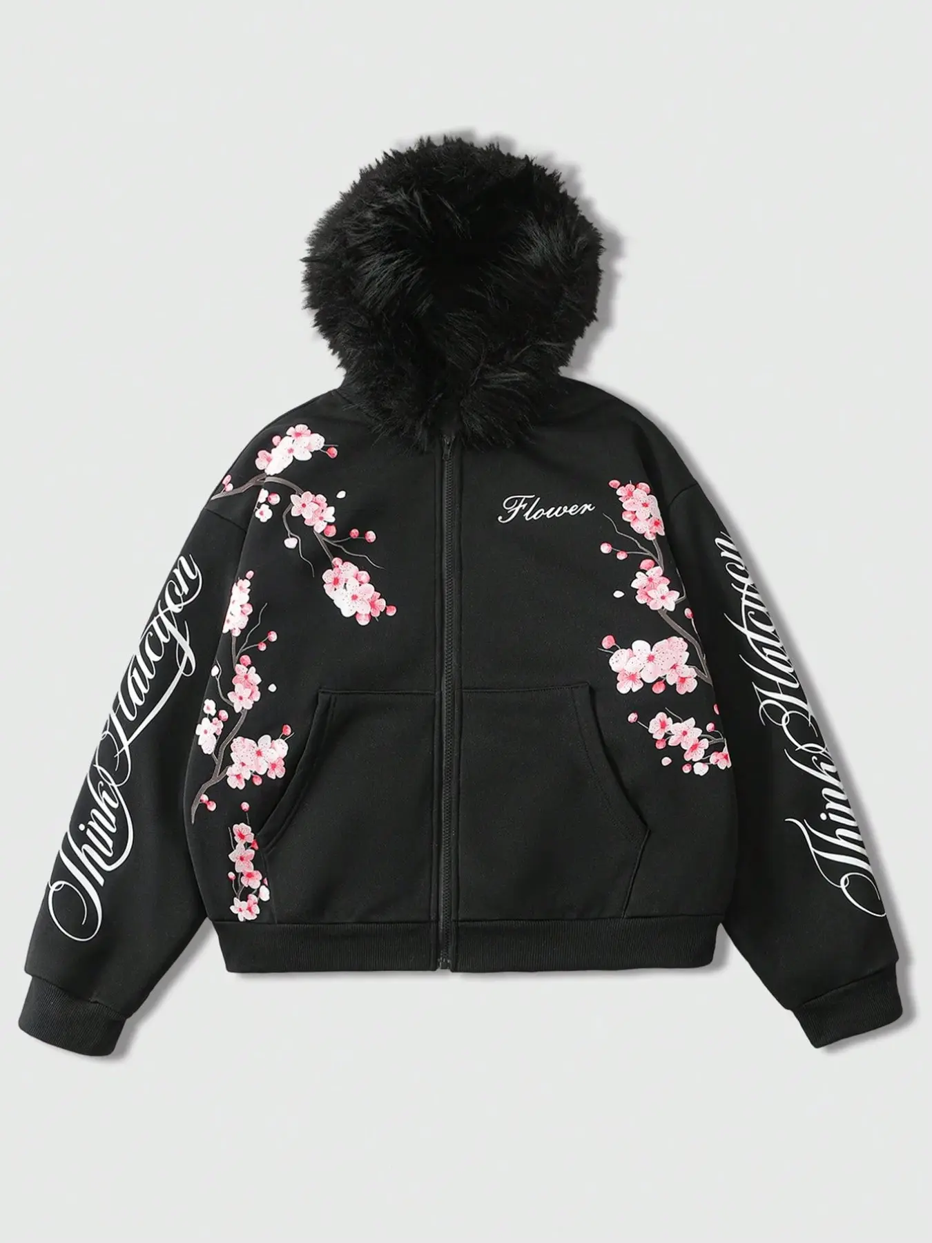 Faux Fur Hooded Zipper Sweatshirt, Cherry Blossom Floral & Script Letter Sleeve Print, Short Jacket for Fall Winter Streetwear