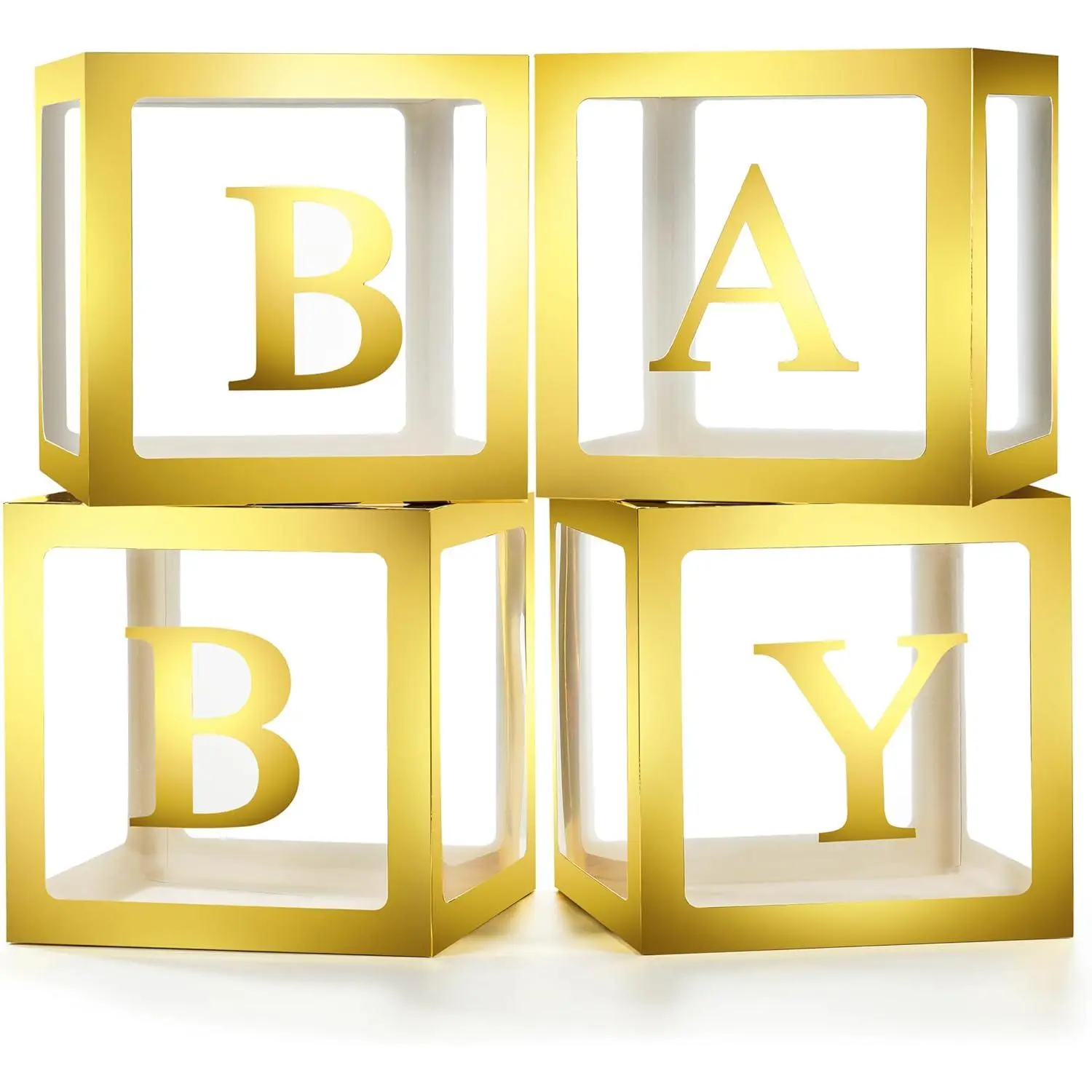 Baby Boxes with Letters for Baby Shower, 4 Transparent Balloon Boxes with BABY Letters for Gender Reveal Decorations Boys Girls Birthday Wedding Backdrop, Gold