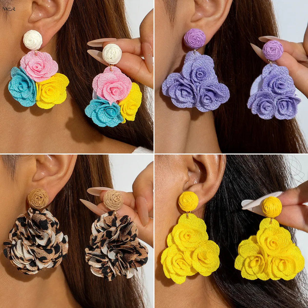 3D Fabric Rose Flower Dangle Earrings for Women, Handmade Multi Roses Cluster Drop Stud Earrings, Bohemian Floral Statement Earrings, Fashion Holiday Party Wedding Jewelry, Multiple Color Options Lake Blue Purple Pink Blue Leopard Yellow