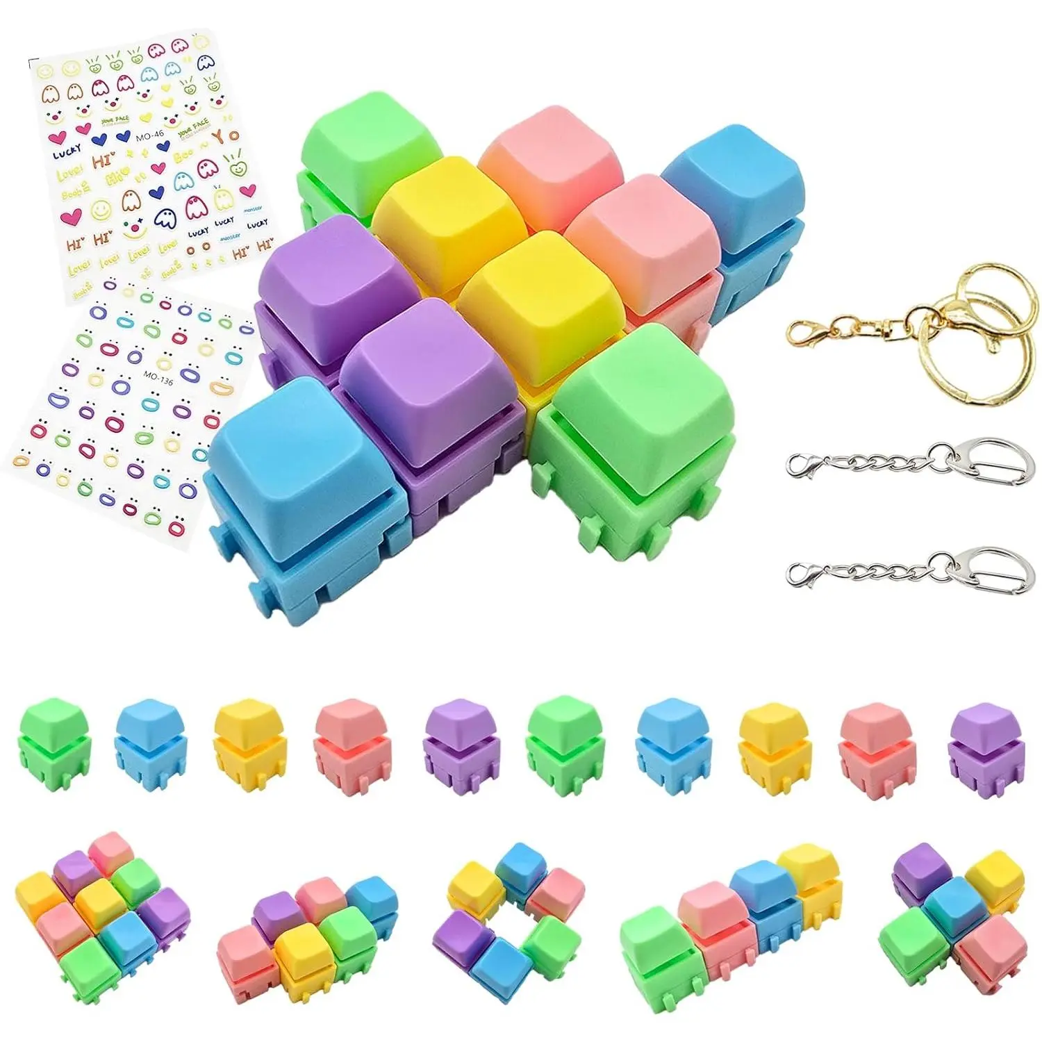 10-Pack Modular Keyboard Fidget Toy ——Shape-Changeable Keyboard clicker Fidget Keychain, 2 Stickers to Match | Relieve Anxiety for Adults at Work School Travel Home(Non-Light-Up)fidget toys