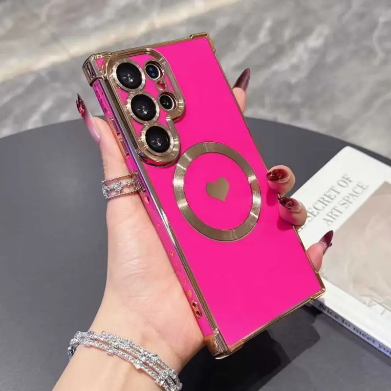 For S26 Ultra S25 Ultra S24 Ultra - Heart Silicone Square Case with Built-in Lens Protector, Magnetic Electroplated Shockproof Soft Cover, Stylish Design Perfect  for Girls Women, Protects from Scratches and Drops special christmas