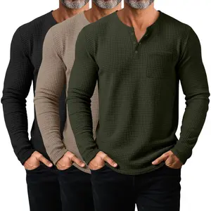 3 Pack Men's Waffle Henley Long Sleeve Thermal Shirts, Lightweight Casual Undershirts Pullover Tops with Pockets