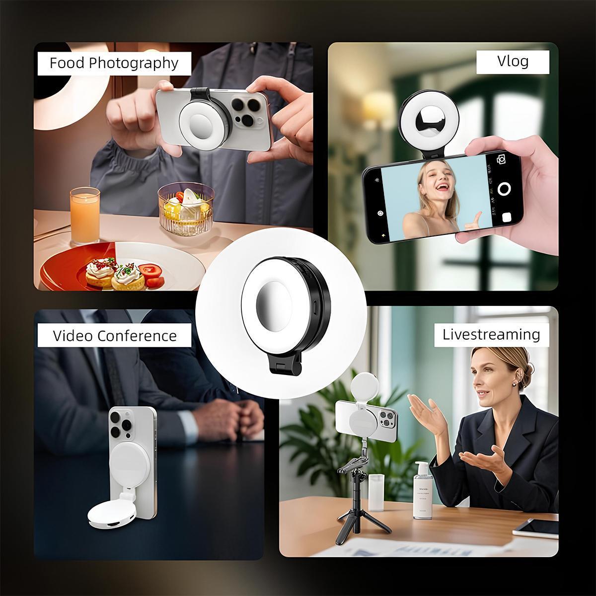 3-in-1 Magnetic Beauty Selfie Light for Phones – 360° LED Ring Light with MagSafe, Mirror and Phone Stand – Portable Rechargeable Fill Light for Makeup, Live Streaming, Video Calls
