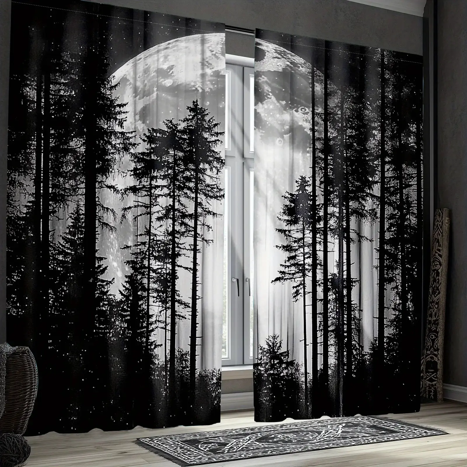 Classic 2-Piece Gothic Forest Sheer Curtains, Black Tree Stars Design, Translucent Polyester Fabric, Rod Bag Hanging, Machine Washable, Bedroom/Living Room Window Decor set decorative blackout cover bamboo shades