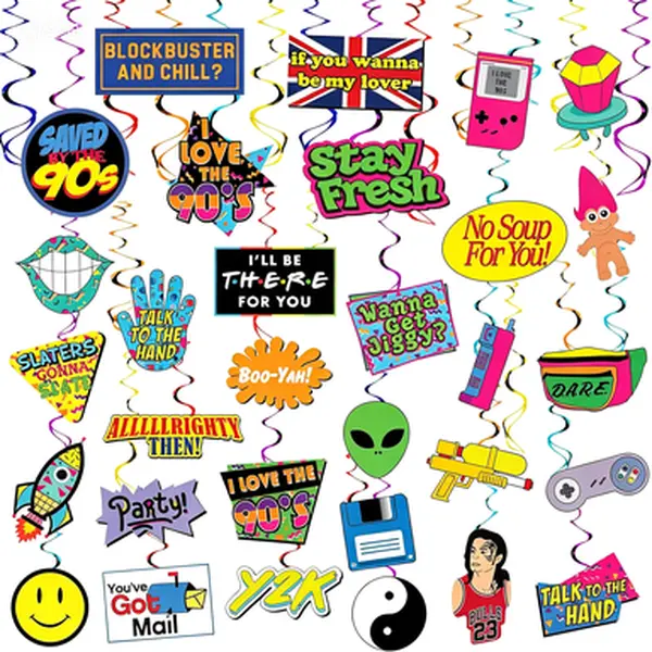 90s Retro Swirl Decorations - 32 Pieces - Nostalgic Party Supplies, Hanging Swirls for 90s Theme Party, Throwback 90s Decorations and Favors, Retro Party Supplies Kit
