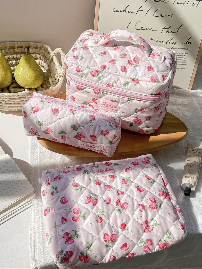 Strawberry Pattern Makeup Bag Set, Large Capacity Fluffy Makeup Bag & Toiletries Bag & Makeup Brush Bag, Portable Cosmetic Storage Bag, Makeup Organizer Pouch