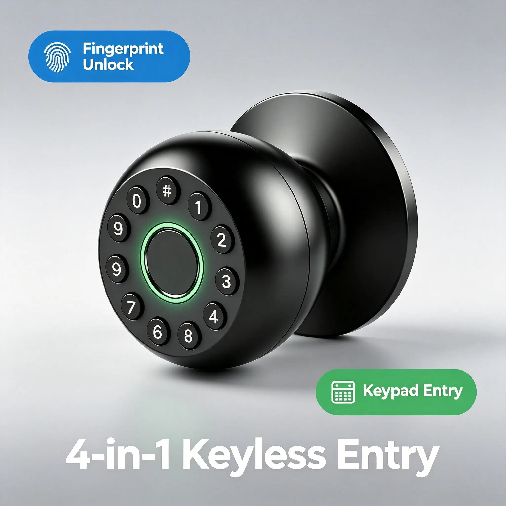 Smart Door Knob with Fingerprint, Keyless Entry Door Lock with Keypad, Tuya APP Control, Biometric Smart Lock for Bedroom Apartment Office, Easy Installation, Matte Black