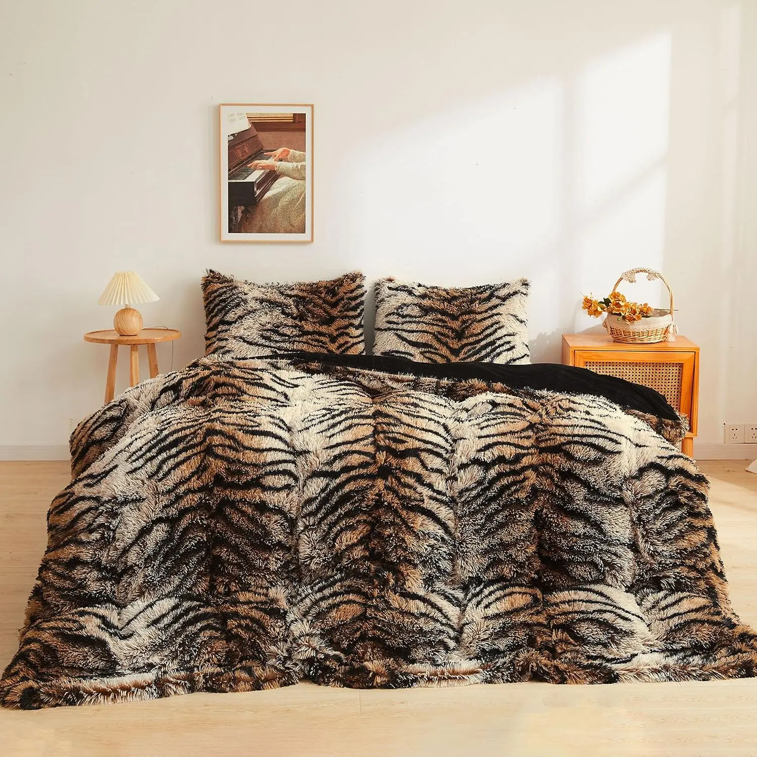 Tiger Print  Faux  Duvet Cover Set, 2 count Soft Plush Shaggy Fuzzy Bedding Set(1 Faux  Comforter Cover + 1 Furry Pillowcase), Zipper Closure(, Tiger Print Brown)