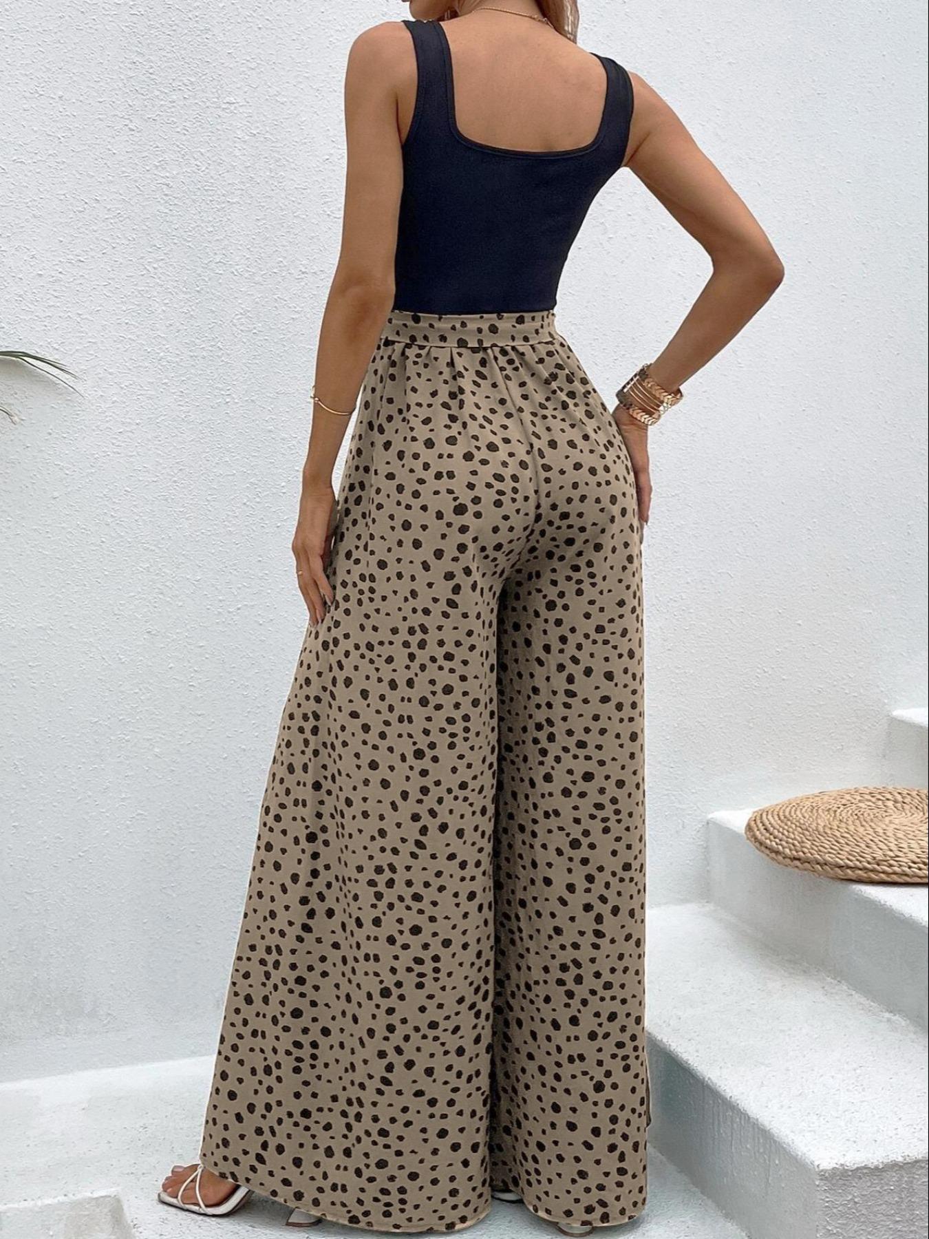 Women's Leopard Print Belted Wide Leg Jumpsuit, Casual Sleeveless Jumpsuit for Summer, Women's Jumpsuit for Daily Wear