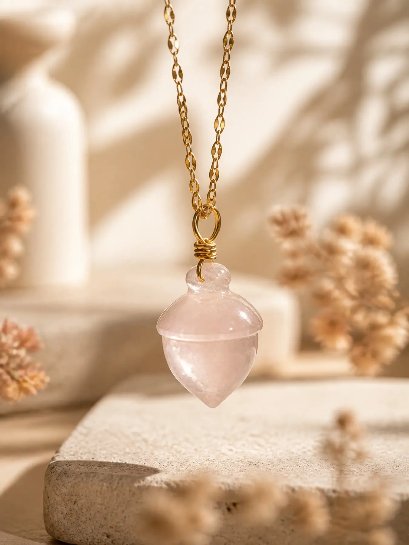 Natural Crystal Acorn Pendant Necklace for Women, Rose Quartz, Carnelian & Unakite Gemstone Necklace, Boho Nature Jewelry, Pendants Necklaces, Lucky Charm Pendant Gift for Her