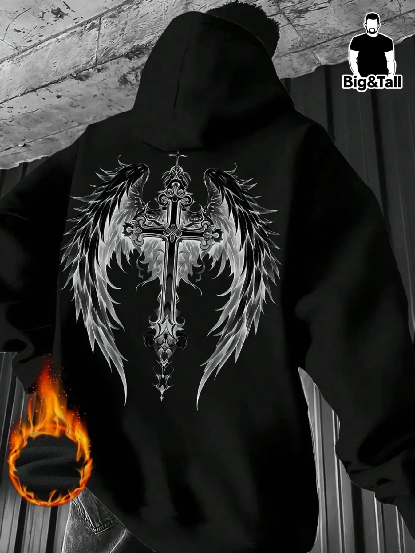 Men's Plus Size Casual Street Style Long Sleeves Graphic Gothic Streetwear Hoodie, Wings and Cross Pattern Print, Fall Winter Fashion, Comfortable and Stylish