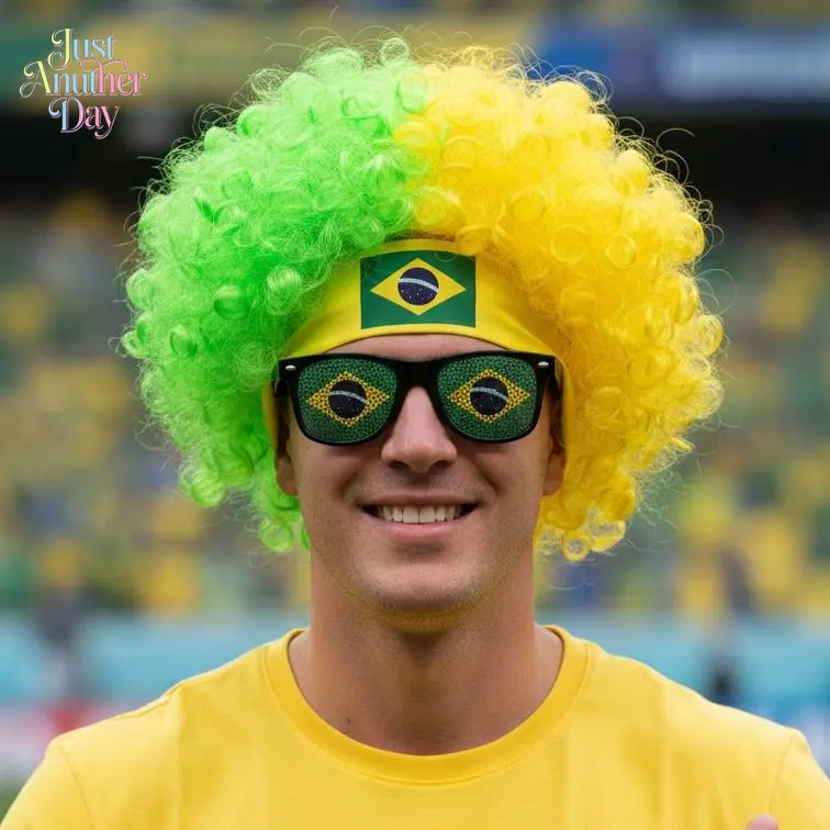 2 Piece Brazil National Flag Fan Costume Set, Green Yellow Fluffy Afro Curly Wig With Brazilian Flag Print Headband And Brazil Flag Graphic Lens Sunglasses, Adult Cheer Accessory Kit Celebrating Brazil's victory,summerwins