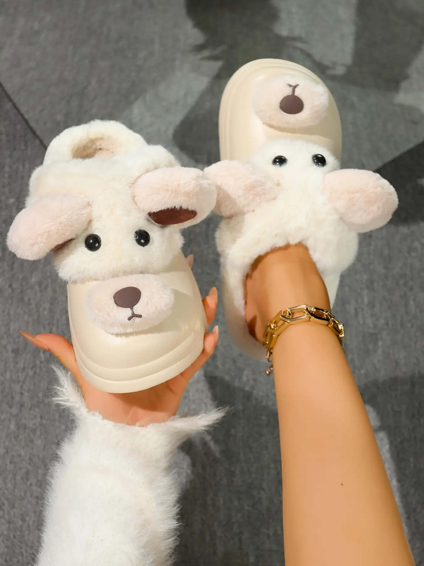 Cute Puppy Plush Head Cover Women's Cotton Slippers, Thick Sole Anti-Slip Home Warm Slippers, Autumn Winter Cartoon Outdoor Cotton Slippers