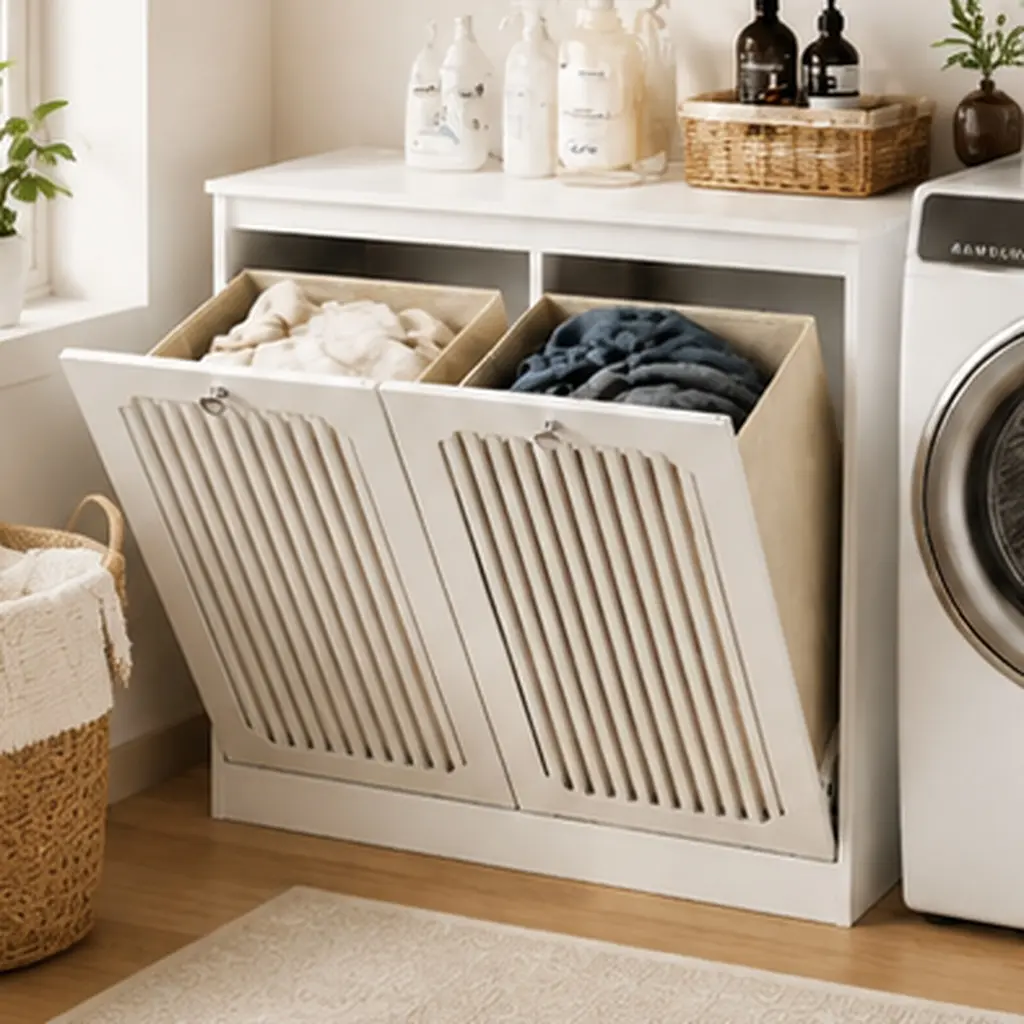 ARCH White Farmhouse Mid Century Freestanding Laundry Hamper Cabinet - Louvered Tilt-Out Door, Double Fabric Baskets, Moisture & Mildew Resistant MDF/Particle Board, Easy Install Floor Organizer for Bathroom, Laundry Room (13.77"W x 25.98"D x 29.92"H)