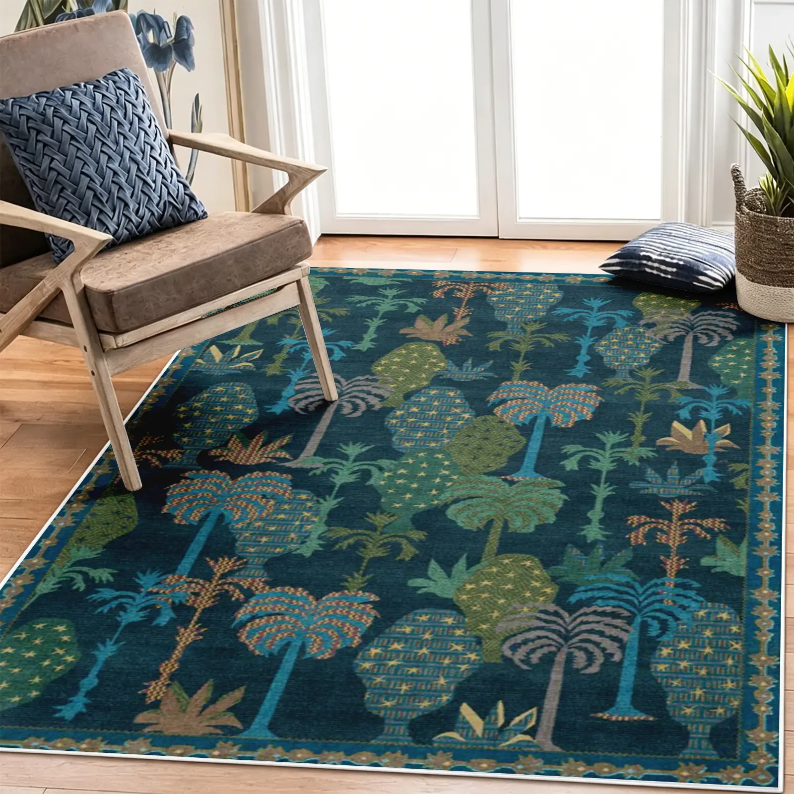 Retro Tropical Palm Trees Area Rug - Modern, Large Size, 1-Piece, Wool-Like Plush, Low-Pile, Non-Slip, Washable Jungle Botanical Floor Mat for Living Areas, Bedroom Indoor Decor