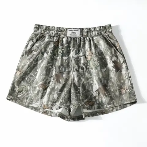 Vintage Street Withered Branch Camo Print Loose-Fit Gym Shorts, Casual All-Season Wear, Moderate Fabric Thickness, Kint Style, Camouflage Athletic Shorts, Loose Sporty Shorts