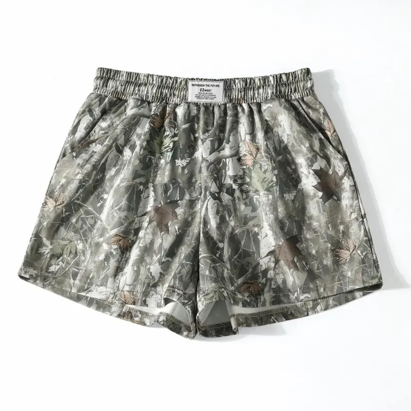 Vintage Street Withered Branch Camo Print Loose-Fit Gym Shorts, Casual All-Season Wear, Moderate Fabric Thickness, Kint Style, Camouflage Athletic Shorts, Loose Sporty Shorts