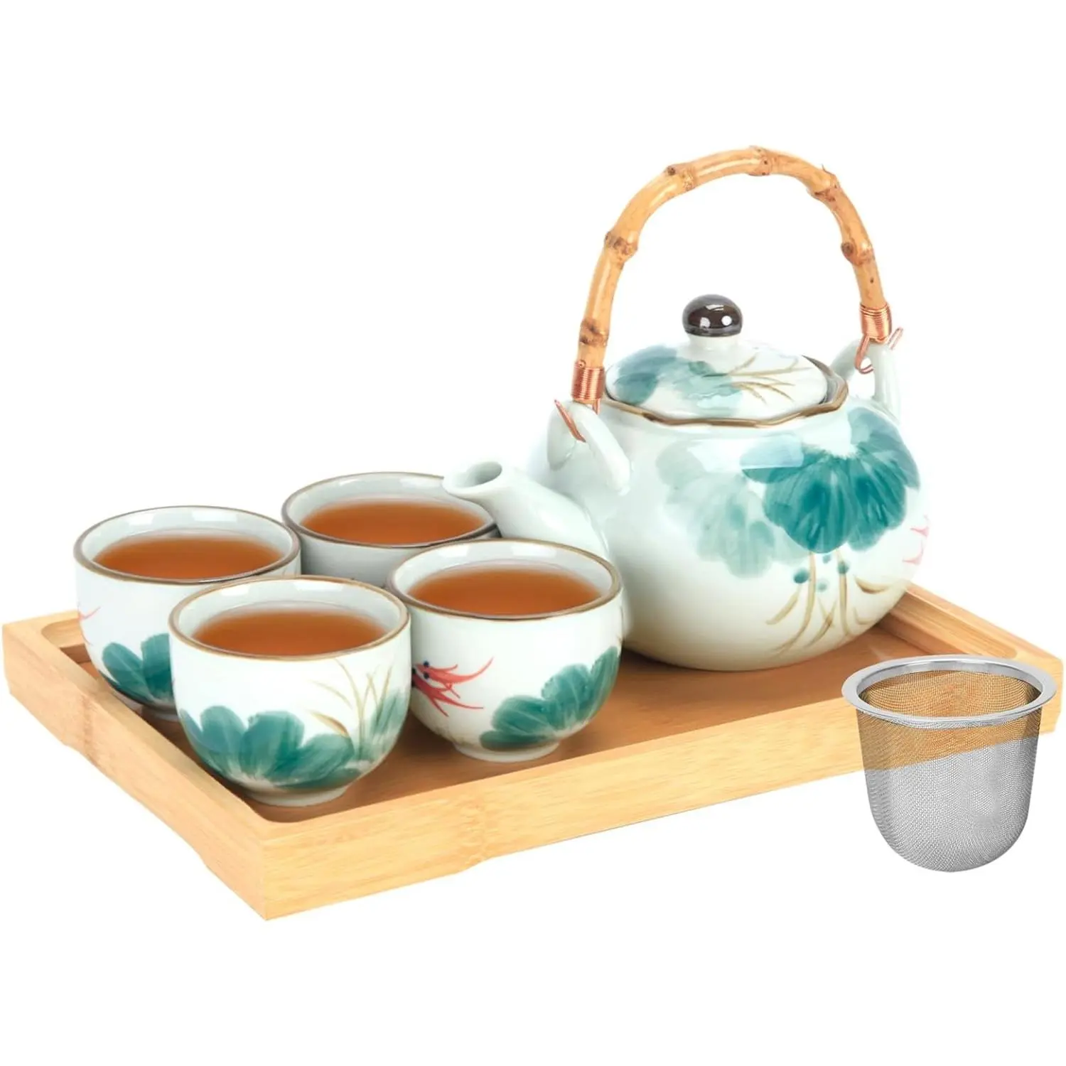 Japanese 4-Person Tea Set with Teapot Tea Cups Stainless Infuser and Bamboo Tray Green White Lotus Asian Tea Set for Tea Lovers Men Women