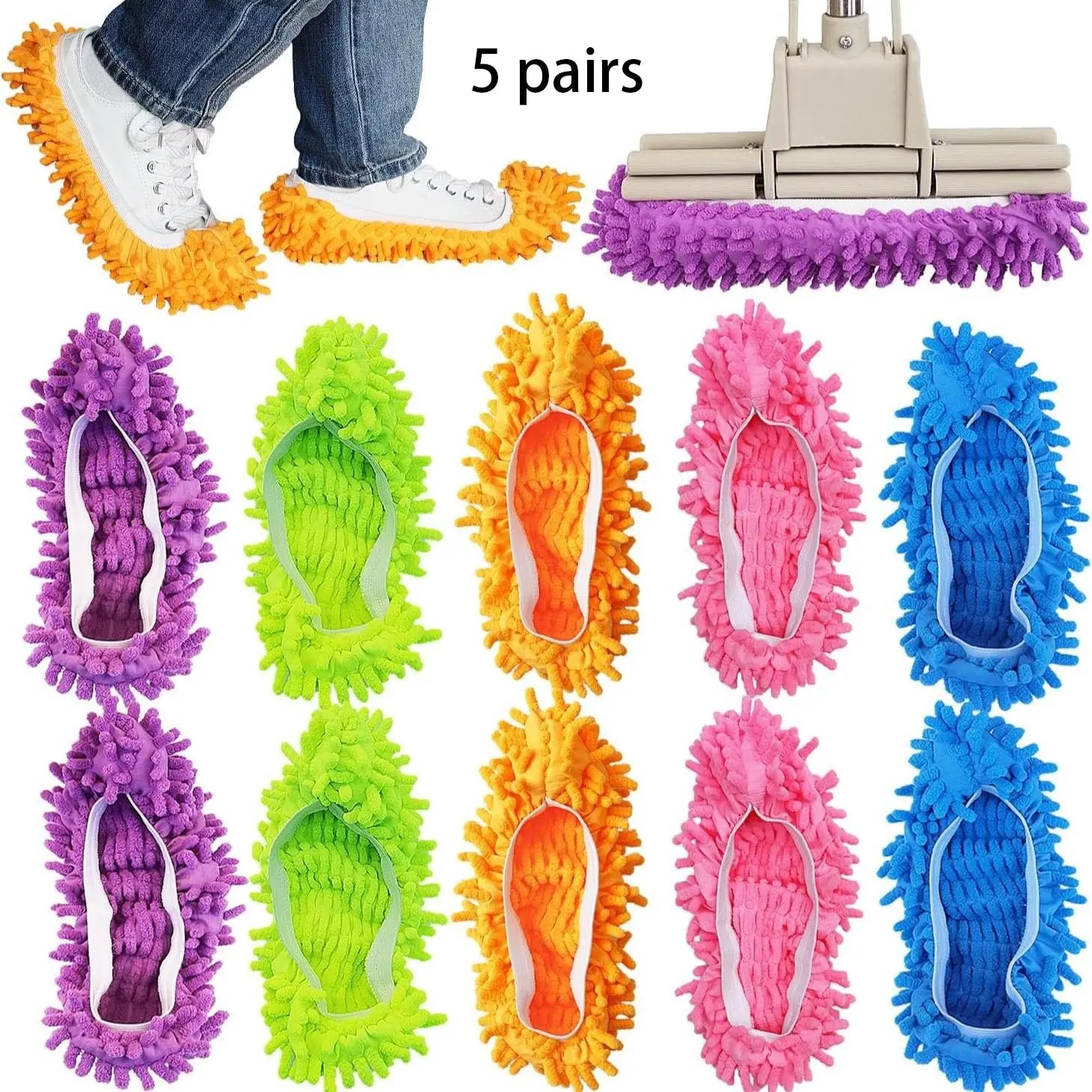 5 Pairs Chenille Lazy Floor Mopping Cleaning Shoe Covers, Household Floor Cleaning Tools Mop Shoe Cover, Flat Mop Cover, Soft Machine Washable Reusable Microfiber Foot Socks for House Kitchen Office Indoor Surfaces