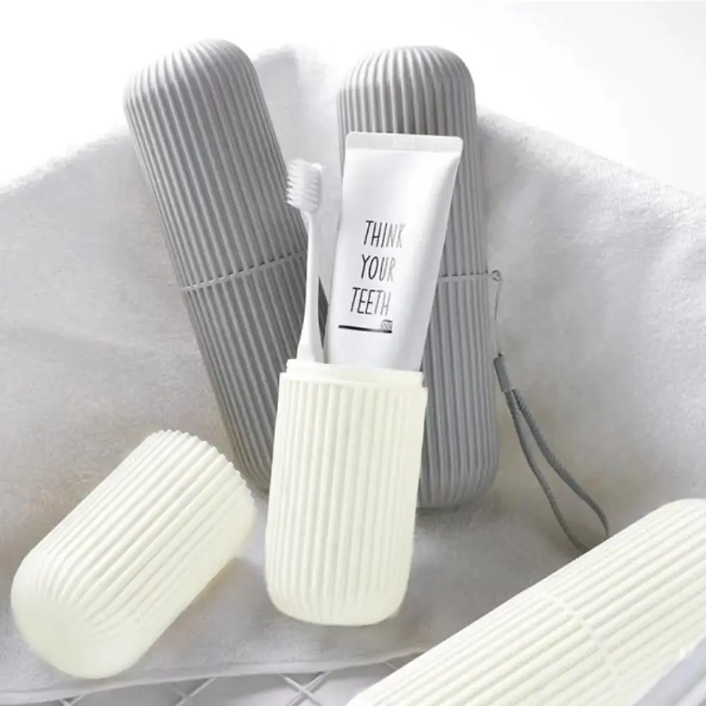 Lightweight Wheat Plastics Composite Dustproof Plain Finish Portable Travel Toothbrush Storage Box with 1-Count Toothpaste Container, Casual