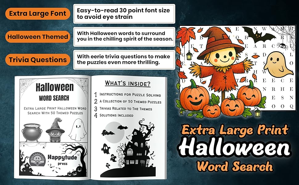Extra Large Print Halloween Word Search For Adults: Jumbo Halloween Word Find For Seniors & Adults | 50 Themed Puzzles With Big Letters And With Spooky Trivia Questions