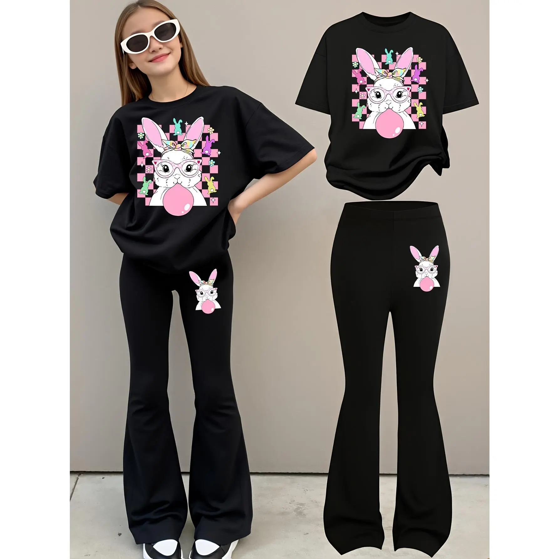 Easter Girl Wearing Glasses With a Bubble-Blowing Bunny Graphic Print T-Shirt And Flared Pants Set, Casual Sports Outfit, Novel And Creative Sweet, for Outdoor
