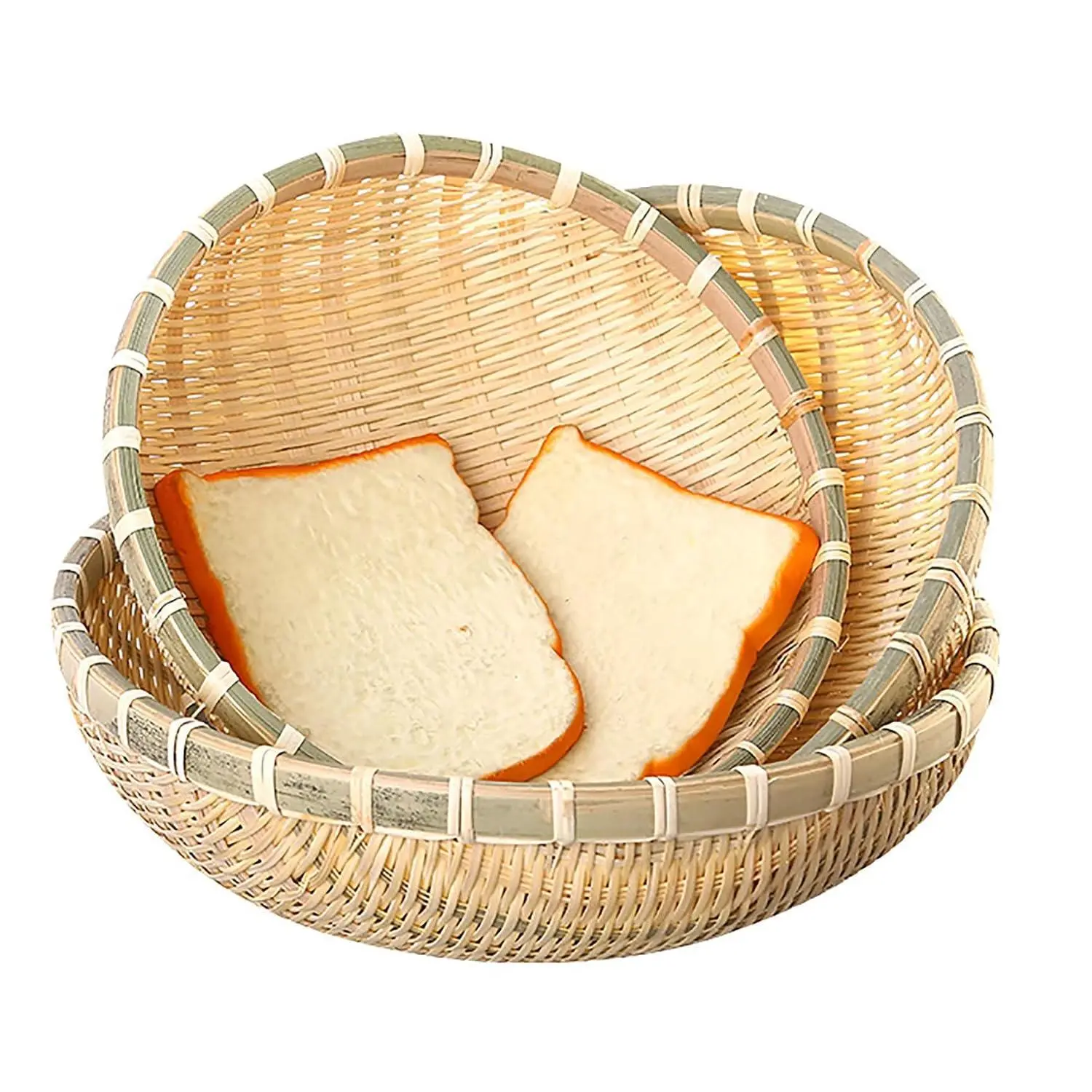 3 Pack Bamboo Basket Tray, Wicker Bread Basket, 100% Natural Handmade Woven Fruit Basket, U Shape Holder Flat Shallow Vegetables Serving Basket, Stackable, 10Inch, 11Inch, 12Inch