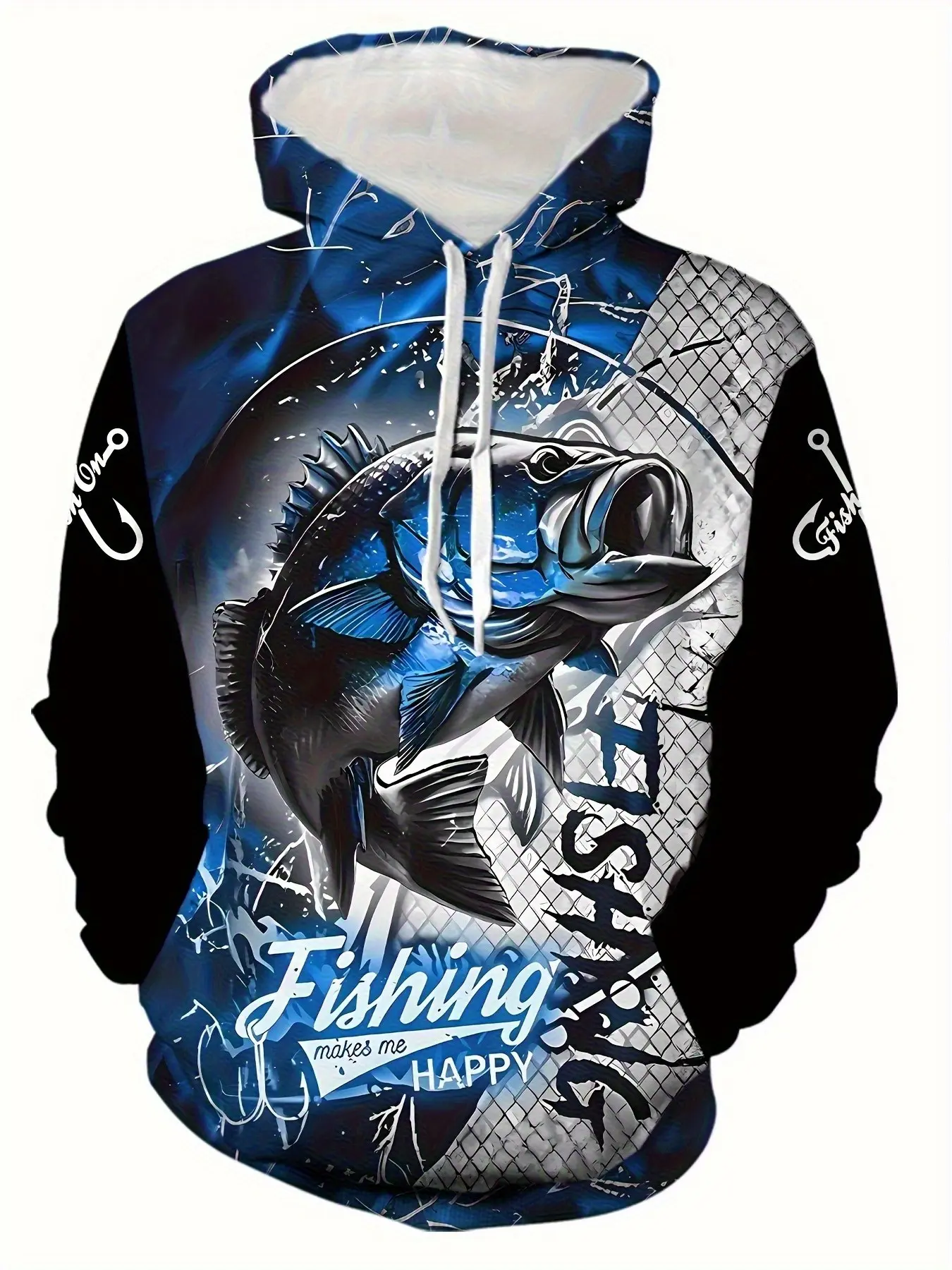 Men's Outdoor Fishing Theme Hoodie, Bass Hook All over Print, Drawstring Kangaroo Pocket, Loose Fit, Casual Fall & Winter Top
