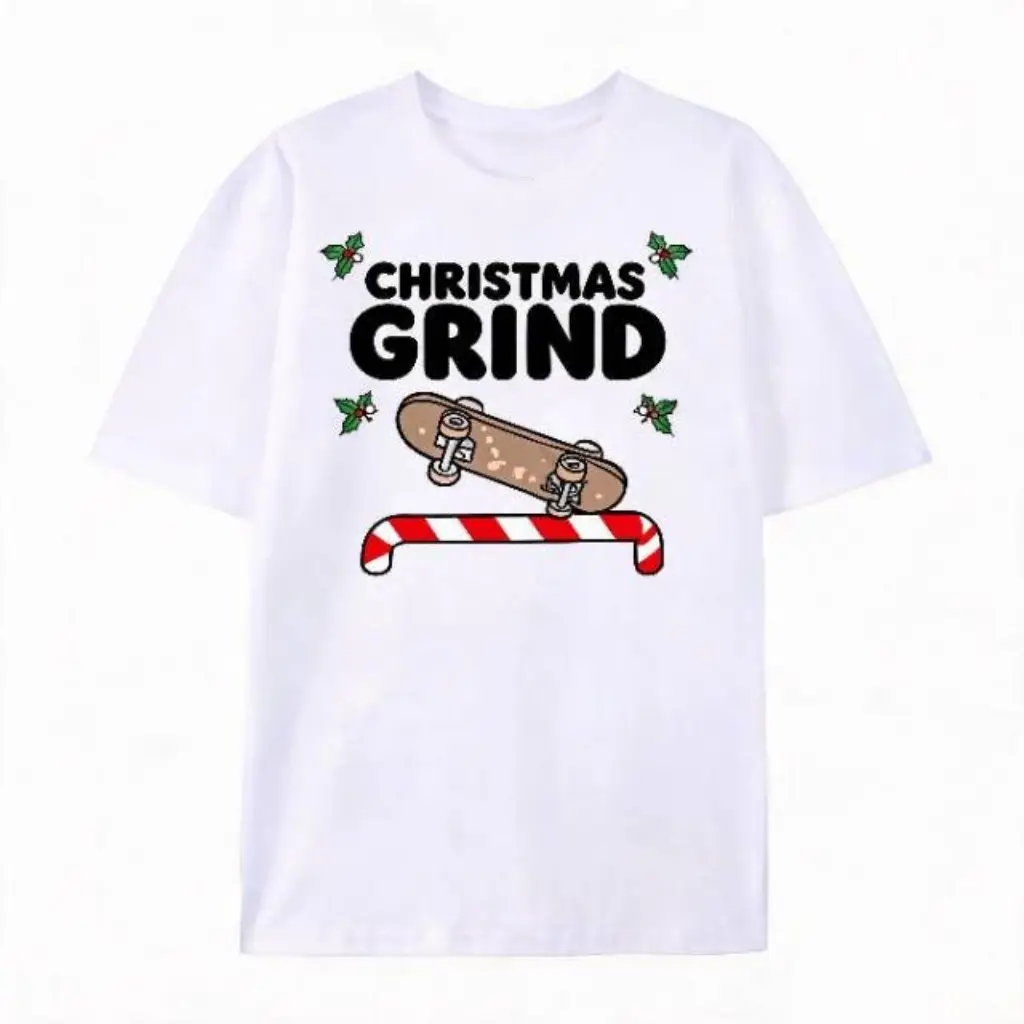 Women's Christmas Grind Skateboard Candy Cane Graphic Oversized Cotton Round Neck T-Shirt - Loose Relaxed Fit, Xmas Skate Slogan Casual Wear Top, Ideal Holiday Gift For Skate Lovers Short Sleeve