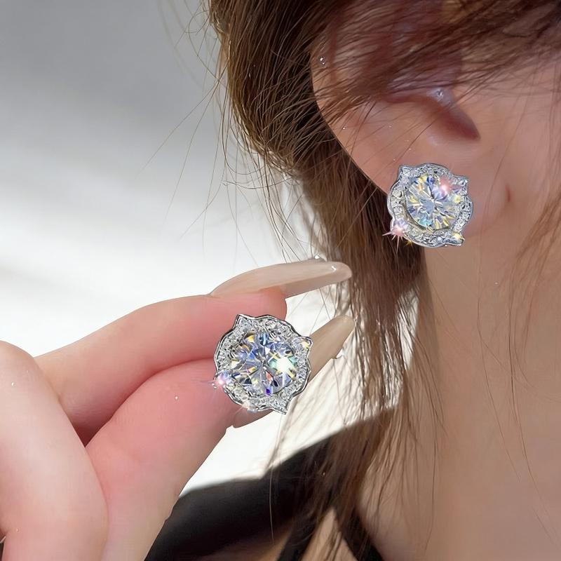 Bling Elegant Zirconia Inlaid Flower Stud Earrings - Silvery-Plated Women's Jewelry, Ideal for Daily Wear & Dating, Perfect Valentine's Day Gift