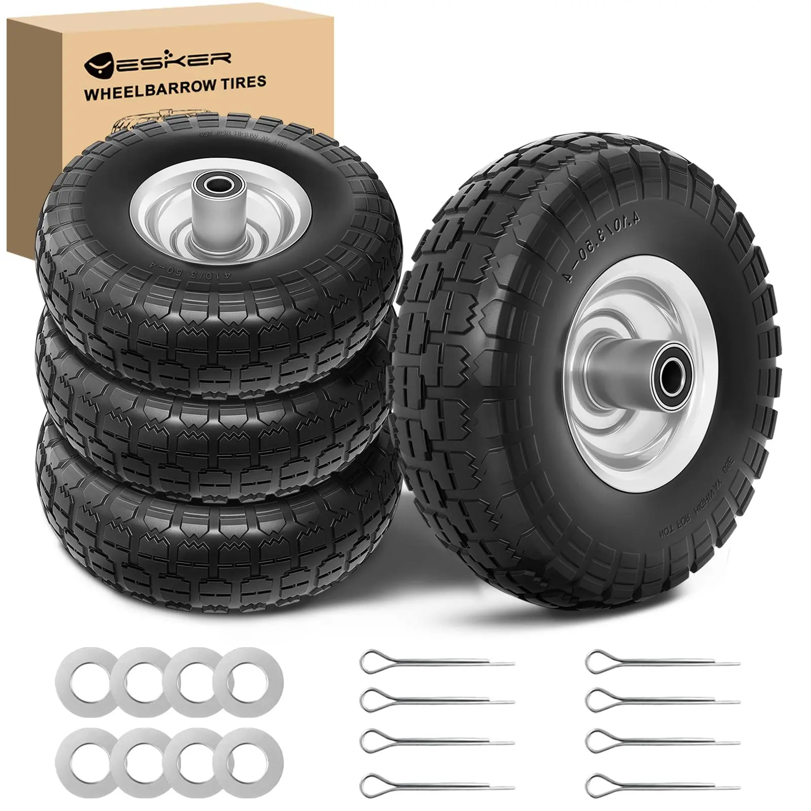 Yesker 4.10/3.50-4" Flat Free Polyurethane Solid Tire & Wheel Replacement Set, 10" PU Tire with 5/8" Axle Bore Bearing, Durable Auto Parts for Wheelbarrow, Gorilla Cart (4 Pack)