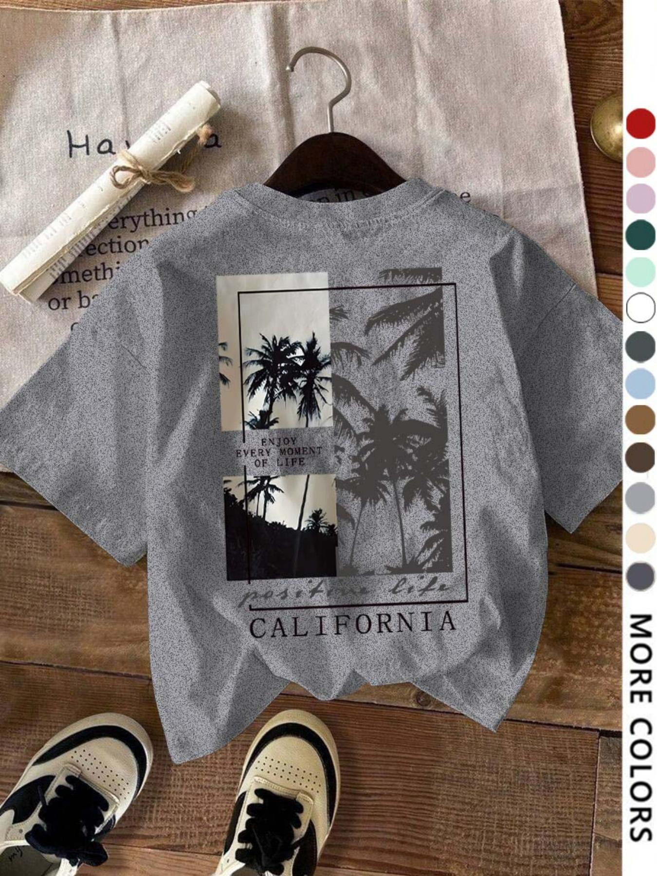 Women's Letter & Tree Print Round Neck Tee, Fashion Casual Short Sleeve T-shirt for Daily Wear, Ladies Summer Clothes