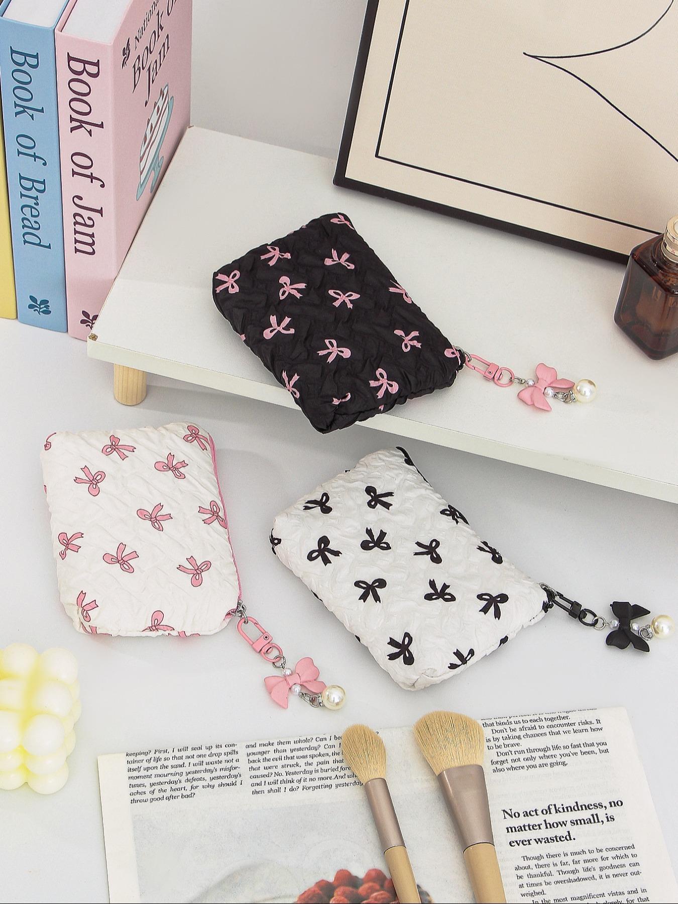 Cute Bow Pattern, Portable Travel Makeup Bag, Daily Makeup Storage Bag, Fashionable Makeup Bag for Sanitary Pads, Lipstick, Keys, Skin Care Products, Makeup Organizer Pouch