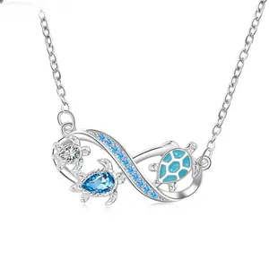 Ocean Inspired Sea Turtle Infinity Pendant Necklace For Women Girls Blue Cubic Zirconia Enamel Silver Tone Chain Coastal Grandmother Mermaidcore Aesthetic Summer Beach Vacation Jewelry Gift