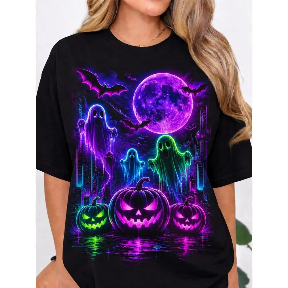 Women's Glow-in-the-Dark Halloween T-Shirt - Neon Ghosts, Pumpkins Design - Womenswear Top for Festive Occasions