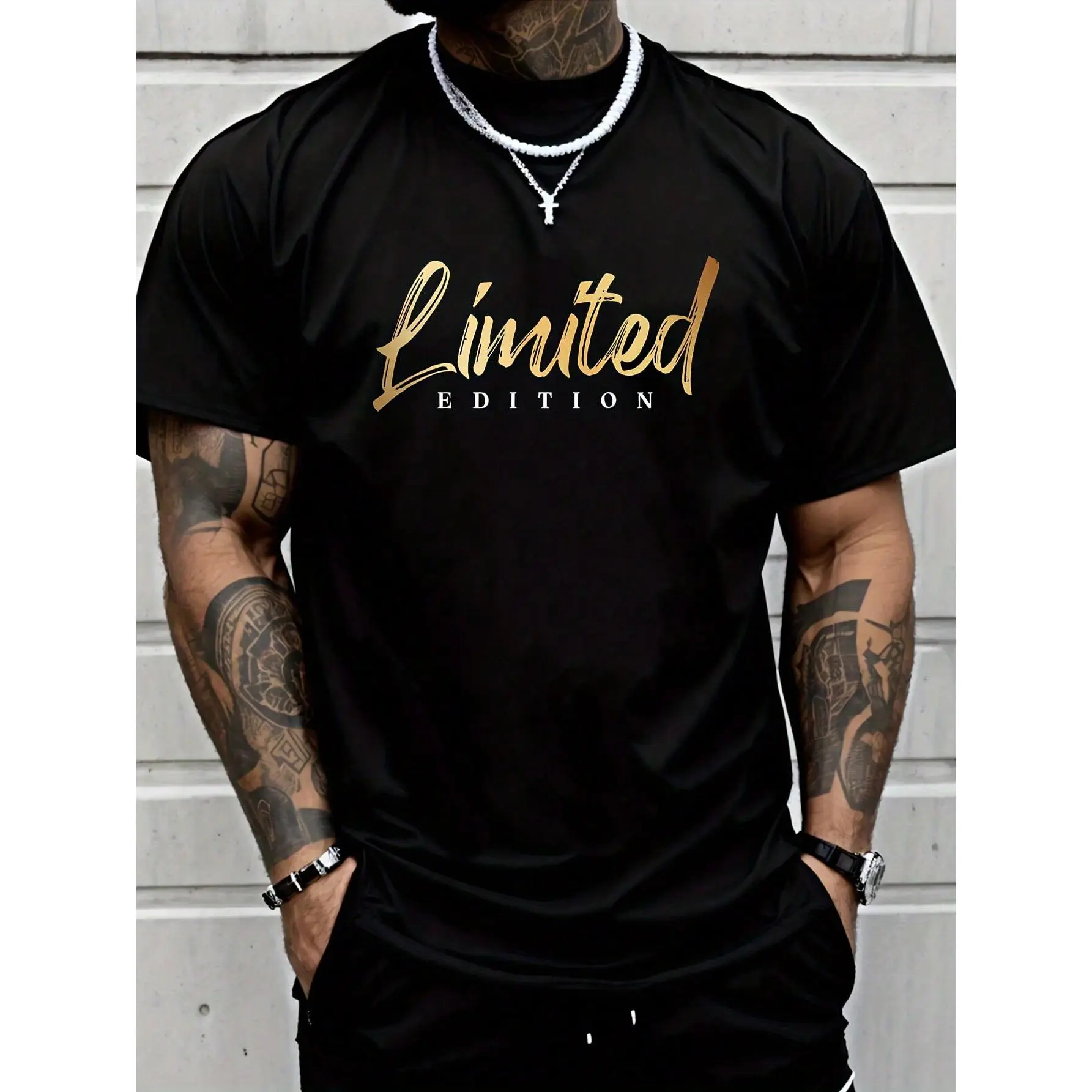 Limited Edition Minimalist Men's Oversized Loose Cotton Tshirt - 100% Cotton, Short-Sleeve, Round Neck, Relaxed Fit, Gold Script Metallic Print, Breathable Soft Top, Ideal for Daily Street Outfits, Pair with Cargo Pants (Sports Top)