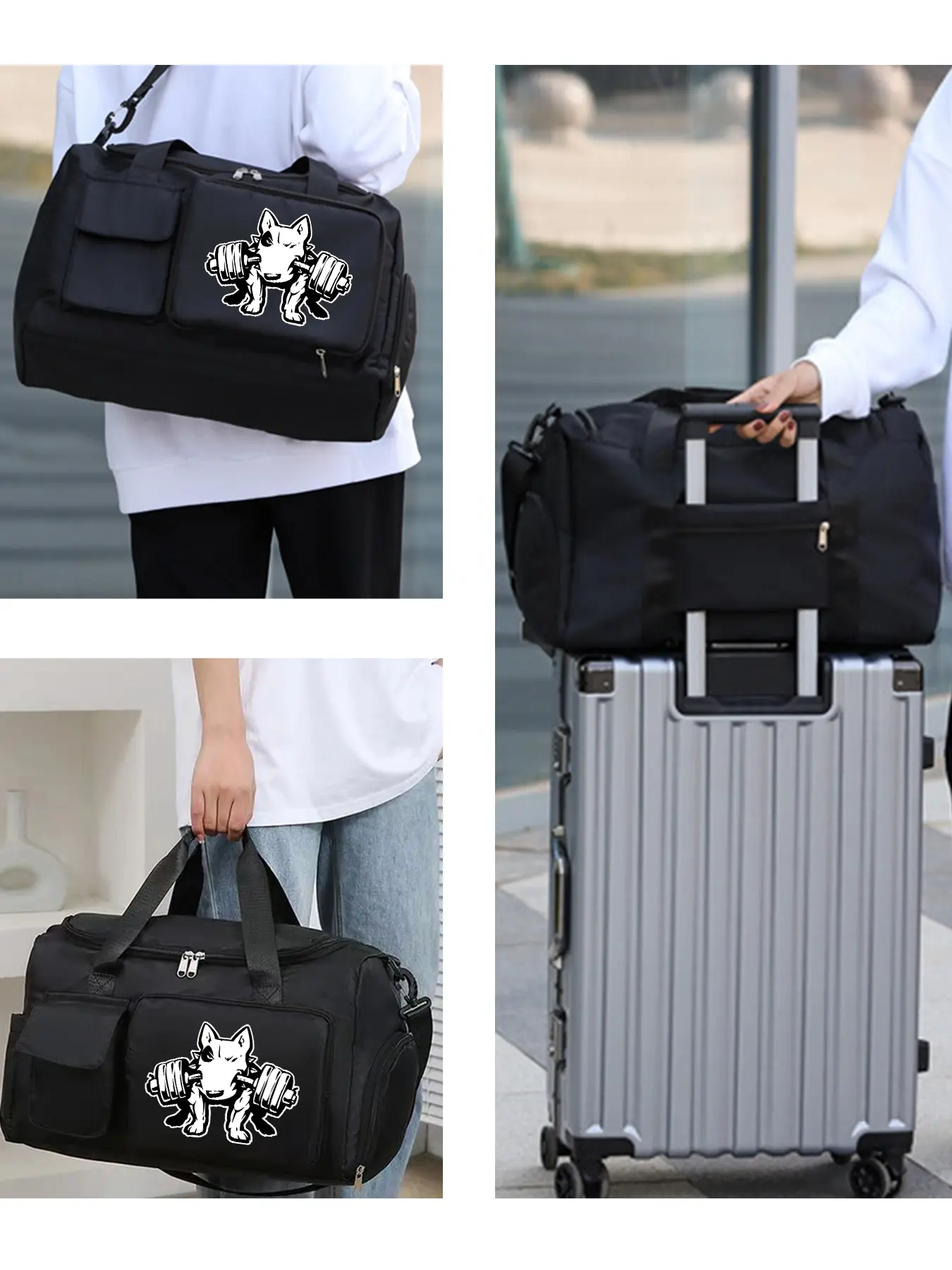 Bull Terrier Dumbbell Pattern Multi-functional Crossbody Bag, Daily Sports Shoulder Bag, Suitable for Sports and Commuting. Multiple Pockets, Durable with Large Capacity, Adjustable Shoulder Strap and Independent Shoe Compartment, An Ideal Gift.