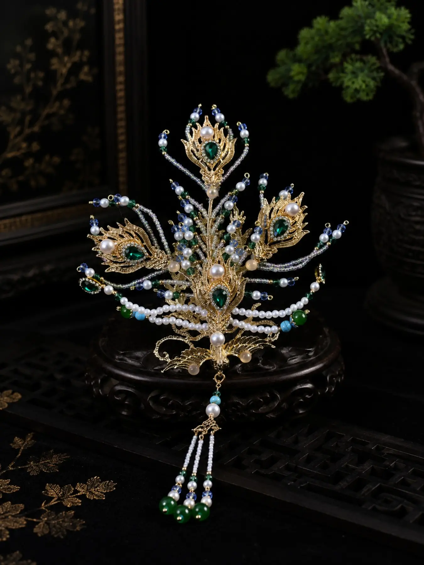 Exquisite Metal Peacock Feather Hair Crown, Pearl Gem, Long Tassel Hair Tiara, Bridal Headpiece, Hanfu Accessory, Photo Prop