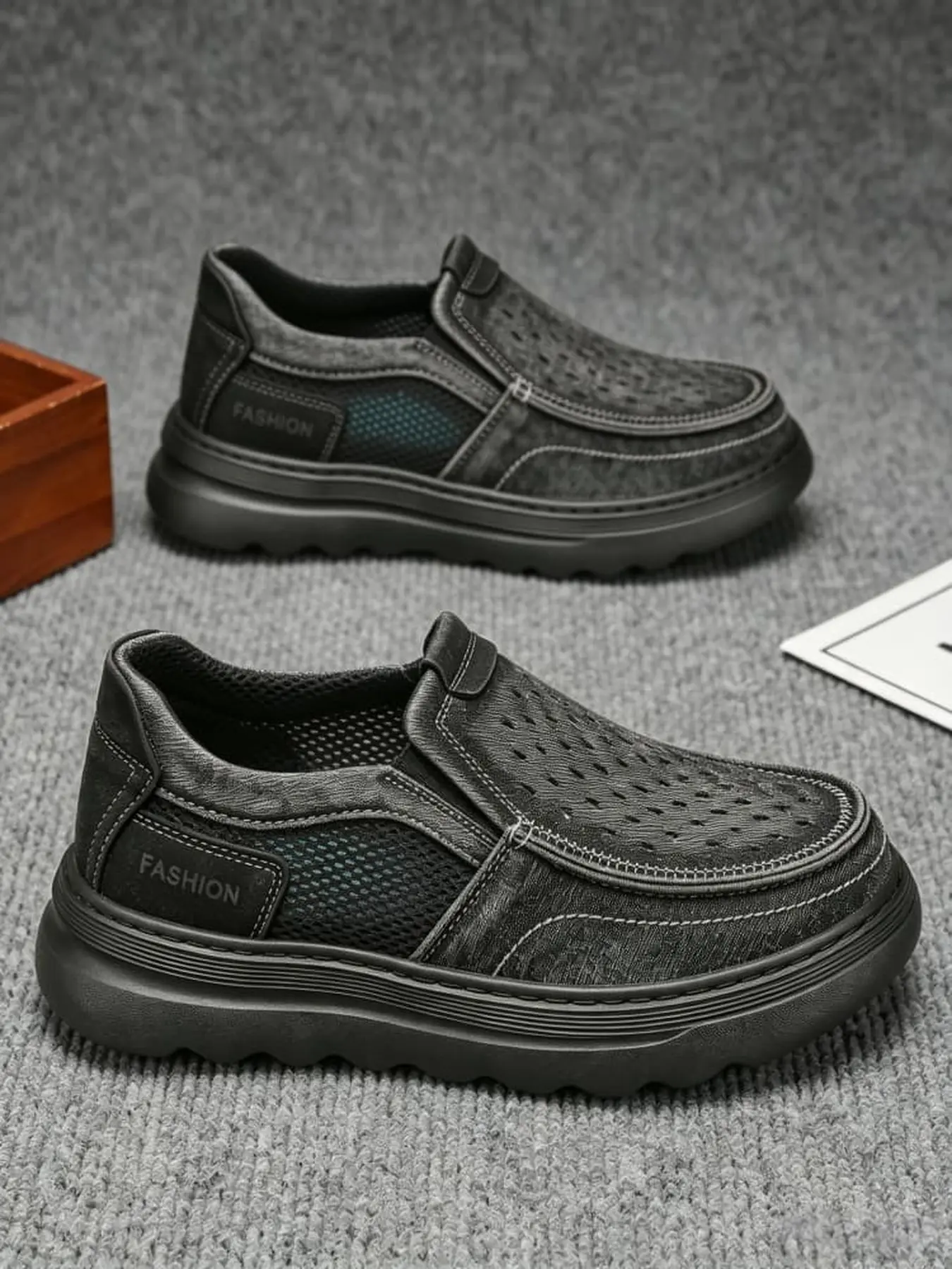 Men denim perforated slip-on loafers, washed denim & breathable mesh, wave anti-slip sole, lightweight for commute grocery outdoor summer wear