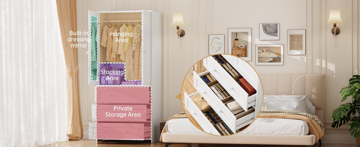 VOWNER Armoire Wardrobe Closet with Drawers and Mirror, 71" Clothing Storage Cabinet with Hanging Rod, 2 Doors Wooden Wardrobe Cabinet for Bedroom, Large Capacity Storage