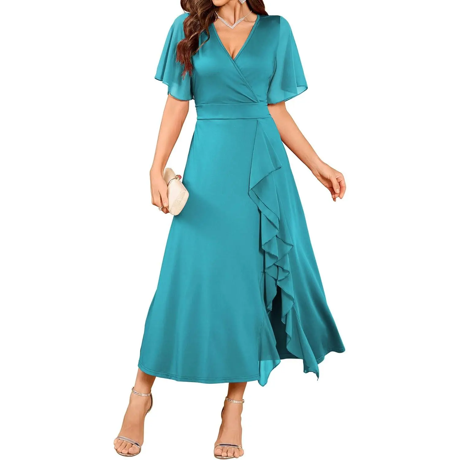 ZAFUL Turquoise Womens Semi Formal Wedding Guest Dresses Mother of Bride Dresses Split Ruffle V Neck Flared Sleeve Evening Dress 2026 XL
