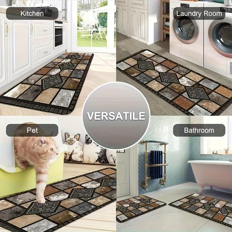 2D Flat 2pcs Brown Kitchen Absorbent Diatomaceous Earth Floor Mats, Vintage Plaid Style Long Rugs, Oil And Non-slip Backing, Fast Drying, Machine Washable, Soft And Comfortable, Suitable For Kitchen, Laundry Room, Bathroom, Hallway, Home Decor Rugs