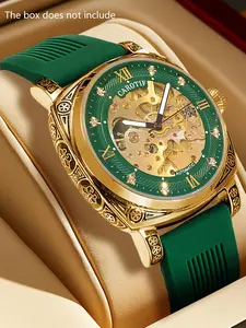 A men's vintage green silicone strap with a carved polygonal large dial and rhinestone hollow out luminous waterproof fully automatic mechanical high quality watch Skeleton Wristwatch