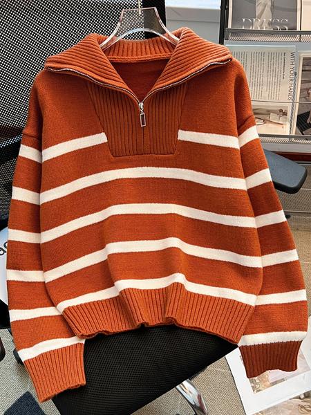 Women's Striped-Print Drop-Shoulder Sweater with Half-Zipper, Casual Long-Sleeve Collared Jumper for Daily Outdoor Wear, Knitwear for Fall & Winter, National Day Outfit
