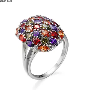 Unique Marquise Mixed Rainbow Zircon Ring, Eye-Catching Multi-Color Gem Fashion Jewelry For Girls Daily Outfits