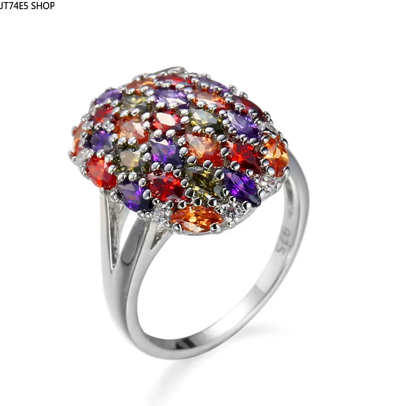 Unique Marquise Mixed Rainbow Zircon Ring, Eye-Catching Multi-Color Gem Fashion Jewelry For Girls Daily Outfits