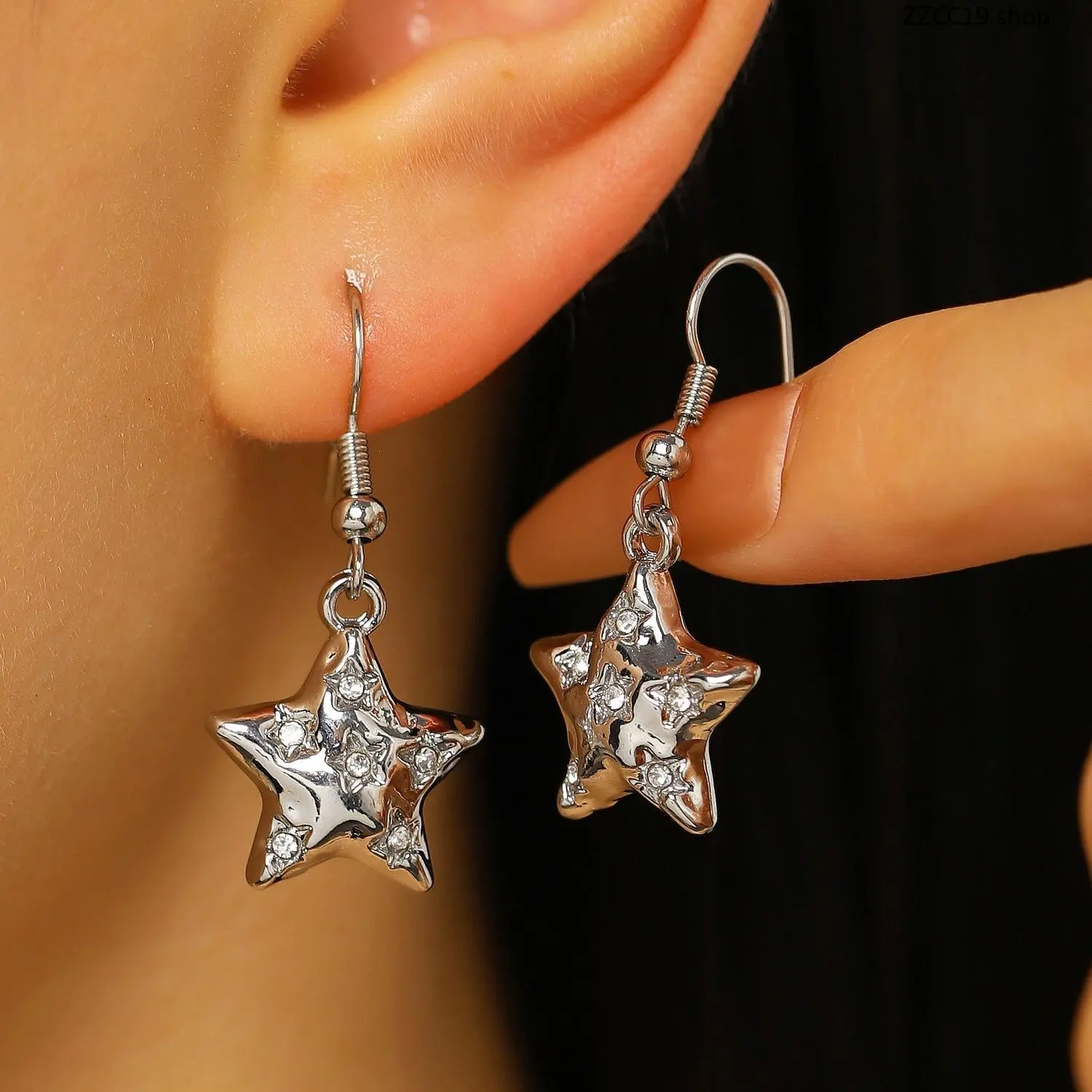 Y2K Puffy Star Jewelry Set, Silver Chunky Balloon Star Drop Earrings Necklace