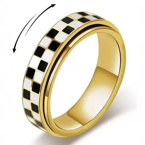 Stainless Steel Checkered Rotating Stress Relief, Unisex Casual Daily Wear, Simple Trendy Chessboard Design Jewelry, Rotating Anxiety Ring